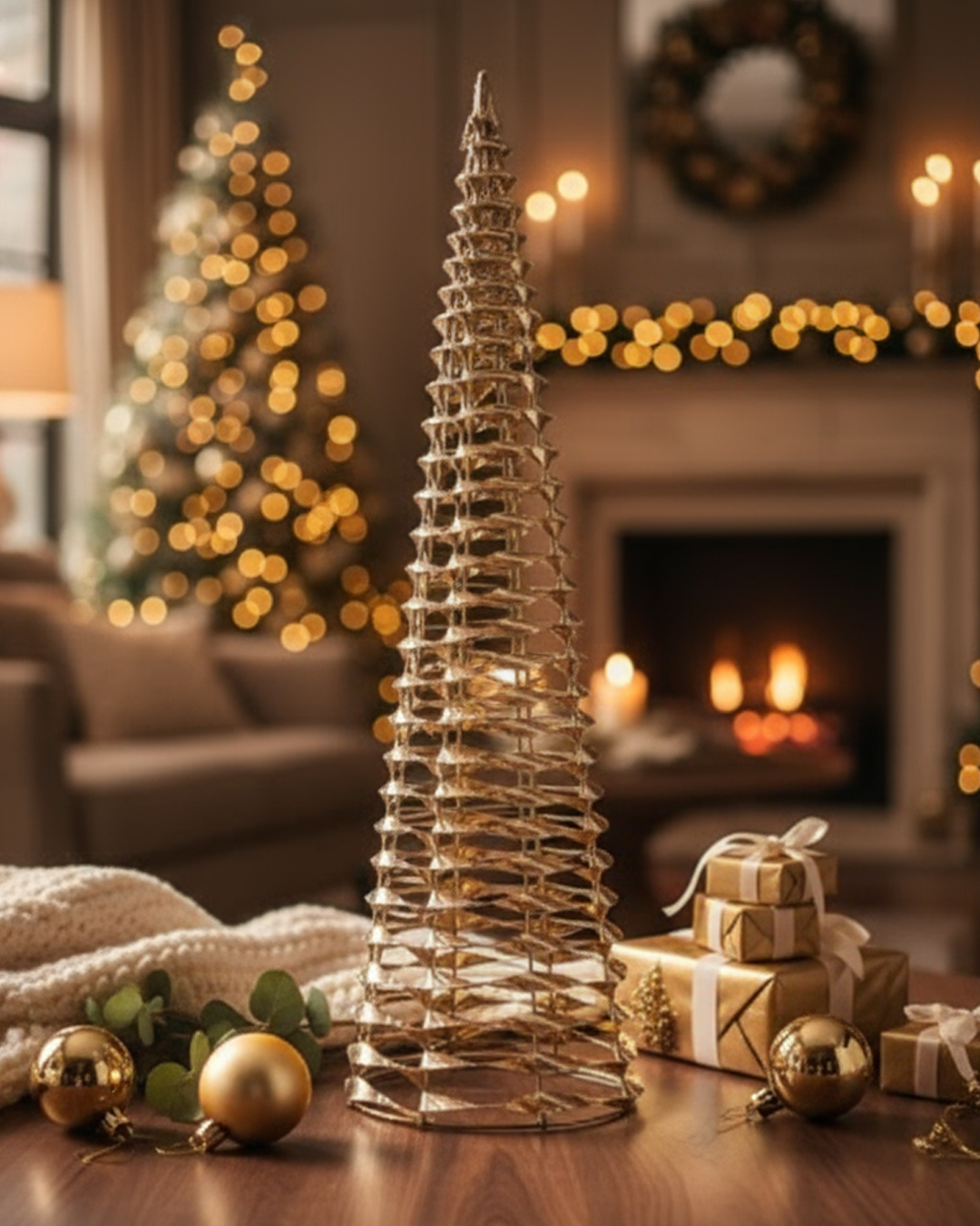 Metallic Woven Gold Cone Tree